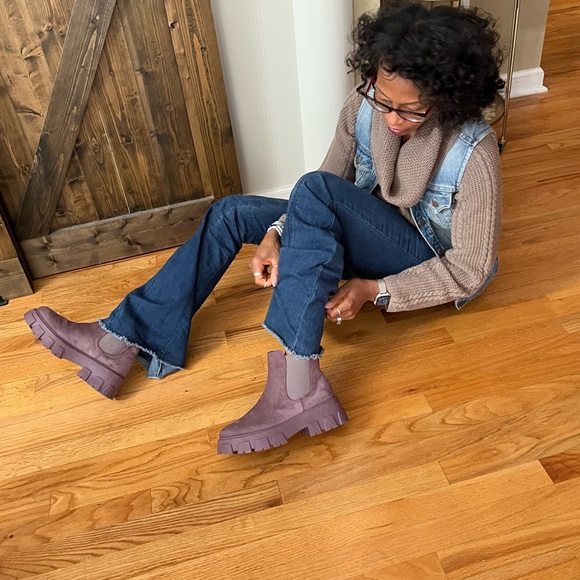 CLAUDIA PURPLE COMBAT CHUNKY MOTO ROUND TOE SHORT PULL ON BOOTS - Picture 3 of 10